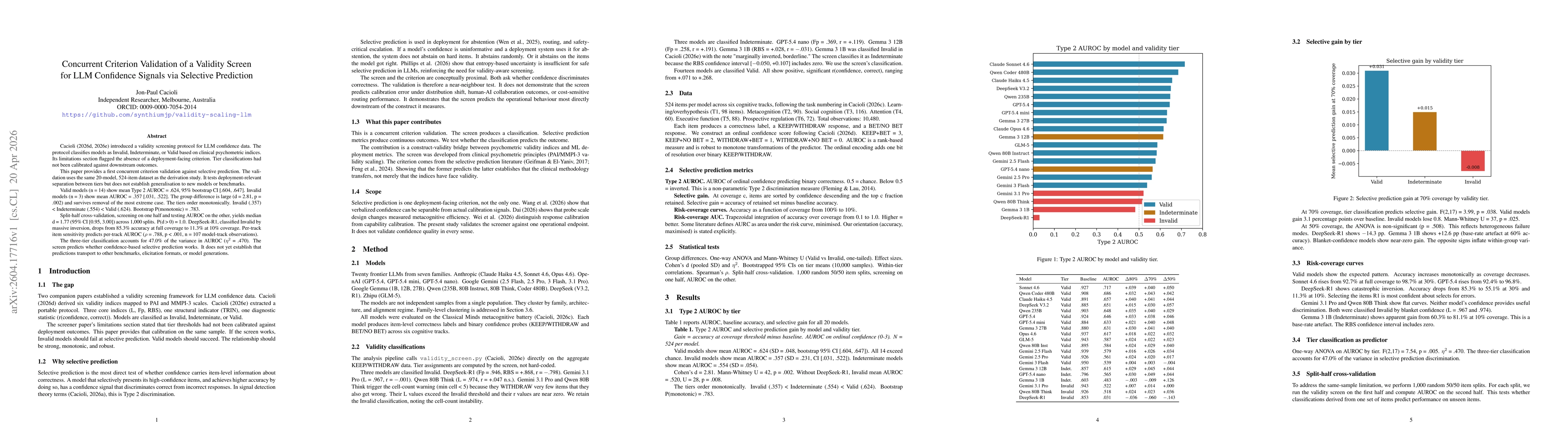 Thumbnail for Concurrent Criterion Validation of a Validity Screen for LLM Confidence Signals via Selective Prediction