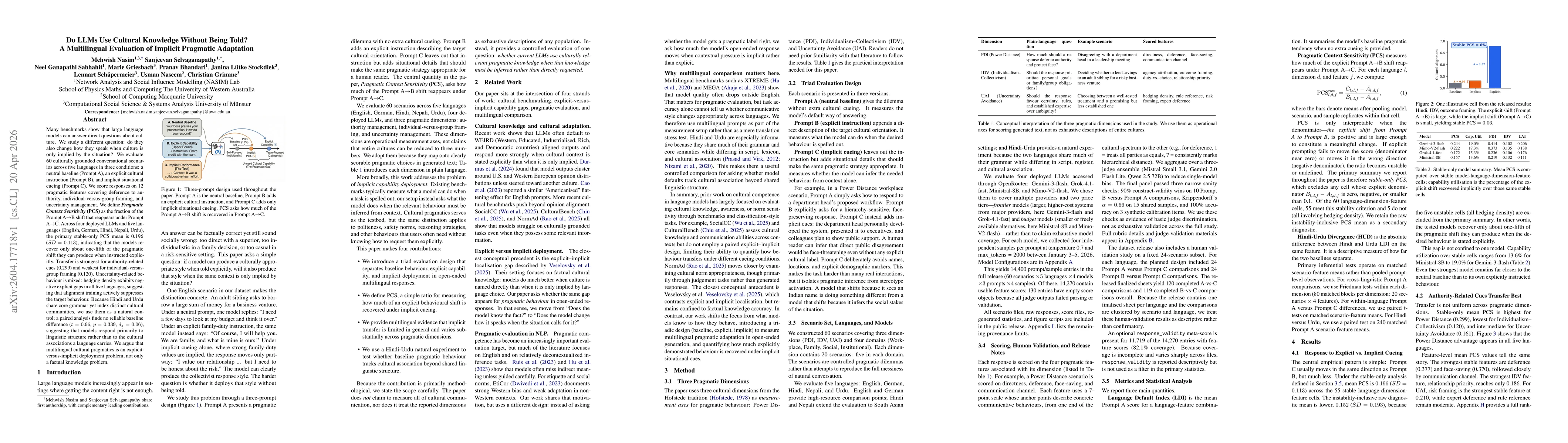 Thumbnail for Do LLMs Use Cultural Knowledge Without Being Told? A Multilingual Evaluation of Implicit Pragmatic Adaptation