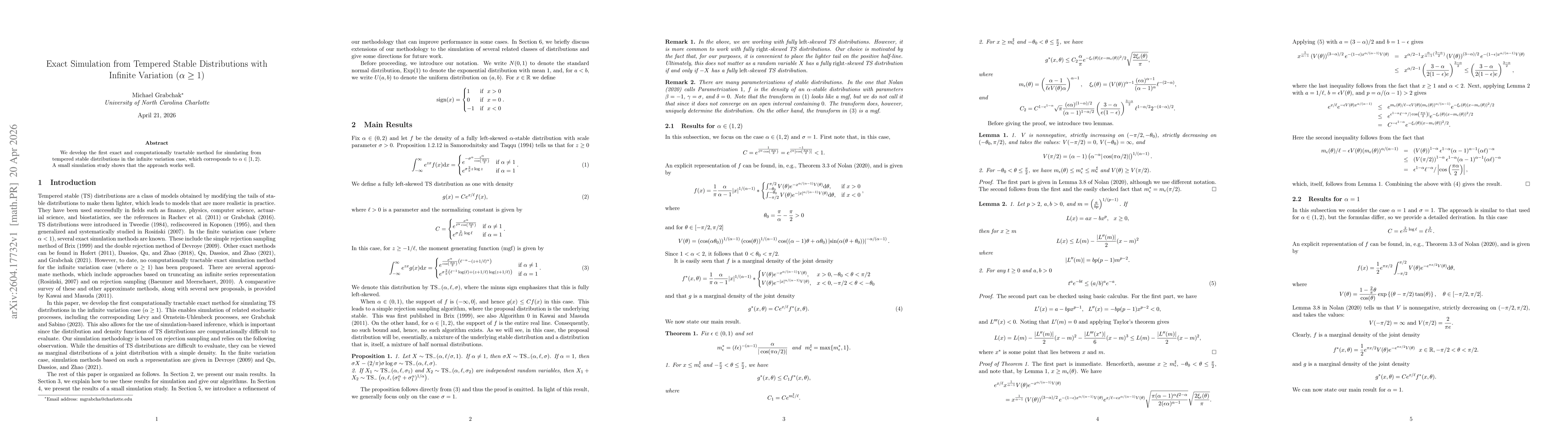 Thumbnail for Exact Simulation from Tempered Stable Distributions with Infinite Variation ($α\ge1$)