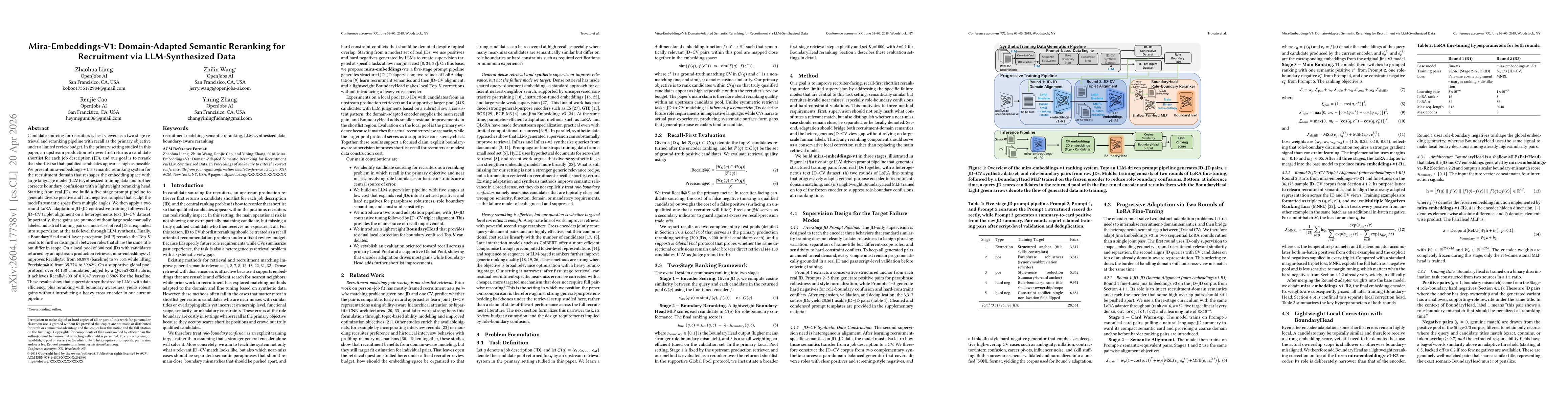 Thumbnail for Mira-Embeddings-V1: Domain-Adapted Semantic Reranking for Recruitment via LLM-Synthesized Data