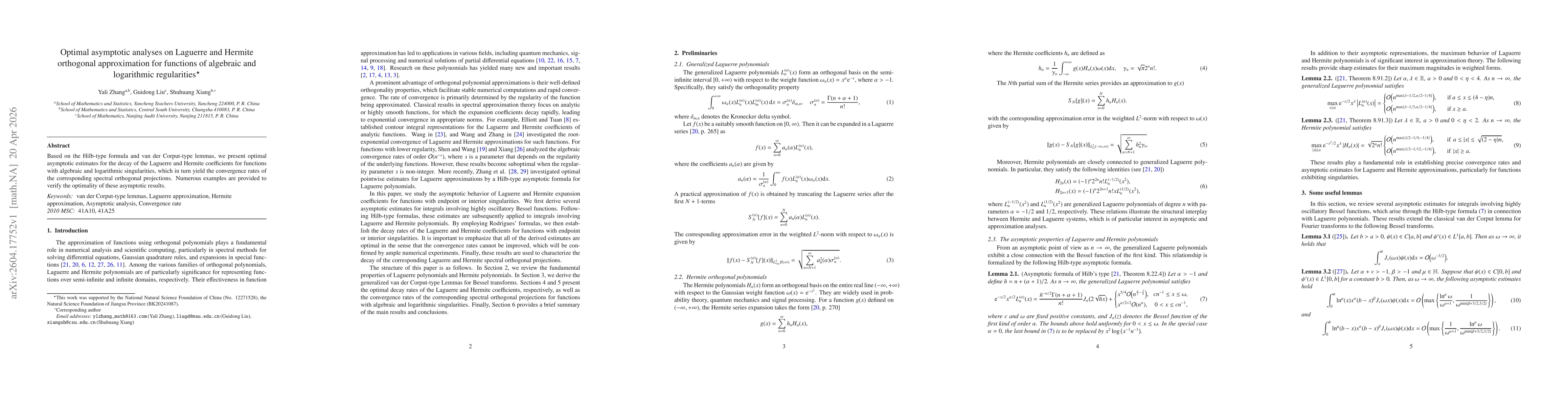 Thumbnail for Optimal asymptotic analyses on Laguerre and Hermite orthogonal approximation for functions of algebraic and logarithmic regularitiesYali