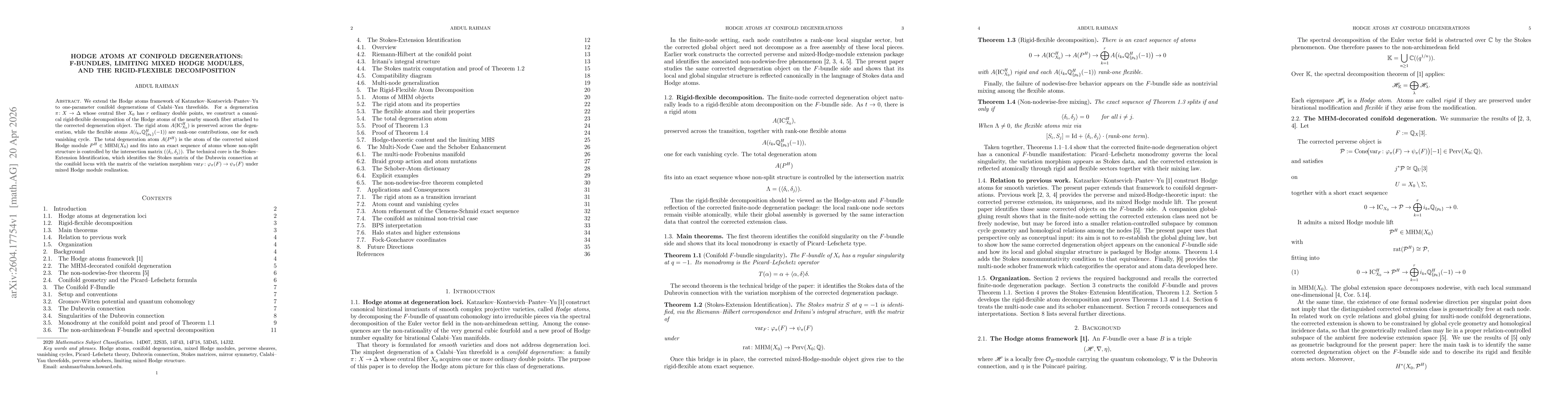 Thumbnail for Hodge Atoms at Conifold Degenerations: F-Bundles, Limiting Mixed Hodge Modules, and the Rigid-Flexible Decomposition