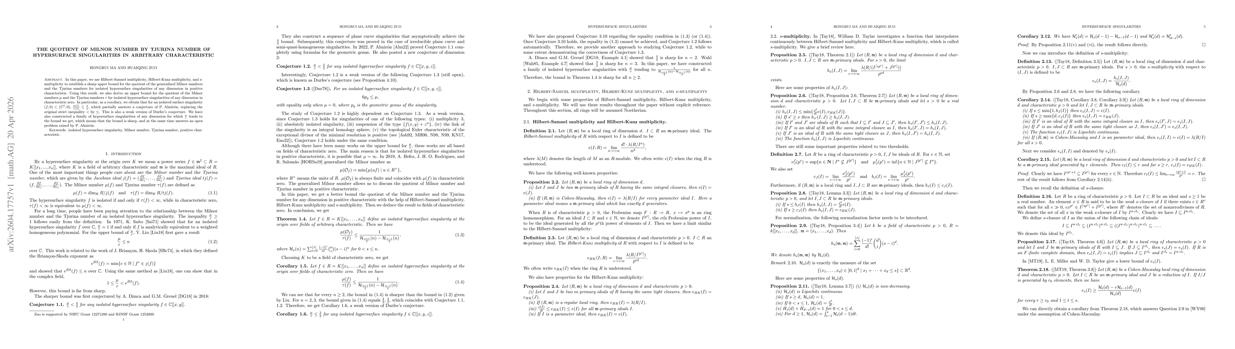 Thumbnail for The Quotient of Milnor Number by Tjurina Number of Hypersurface Singularities in Arbitrary Characteristic