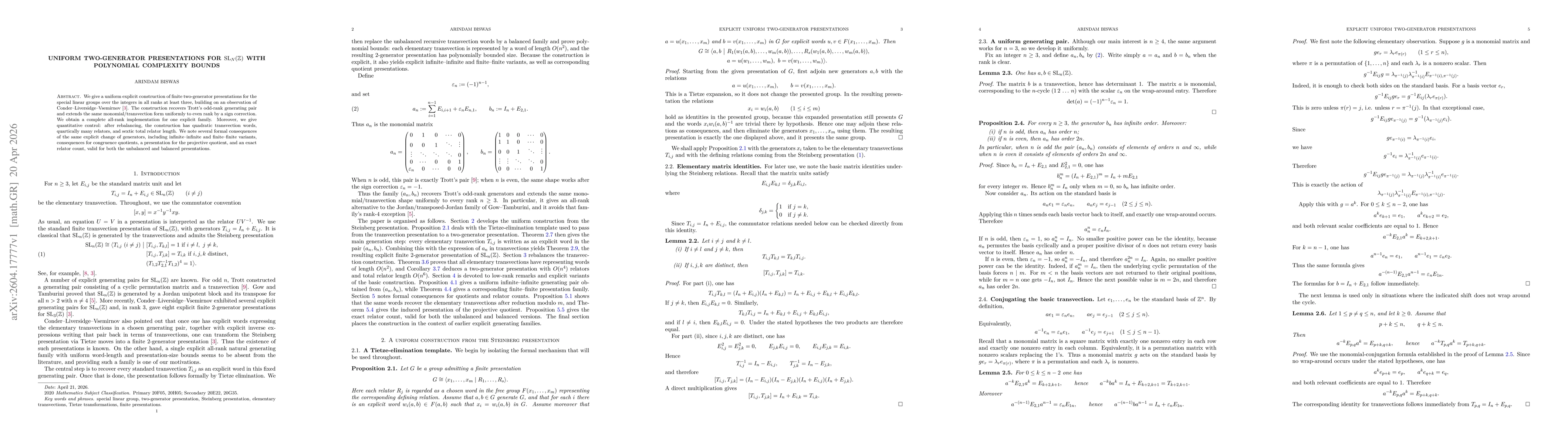 Thumbnail for Uniform two-generator presentations for $SL_n(\mathbb{Z})$ with polynomial complexity bounds