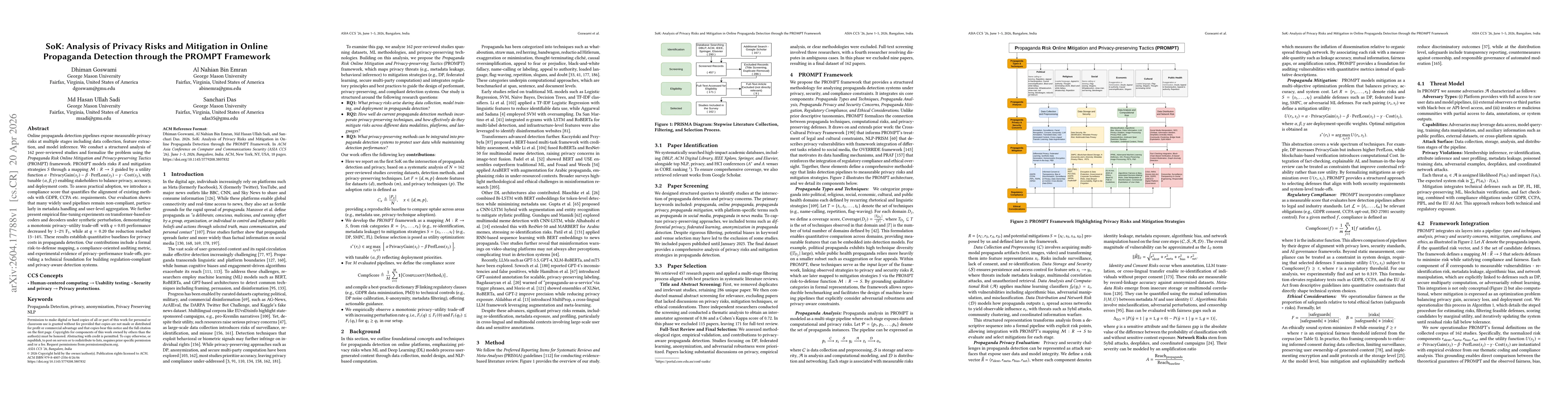 Thumbnail for SoK: Analysis of Privacy Risks and Mitigation in Online Propaganda Detection through the PROMPT Framework