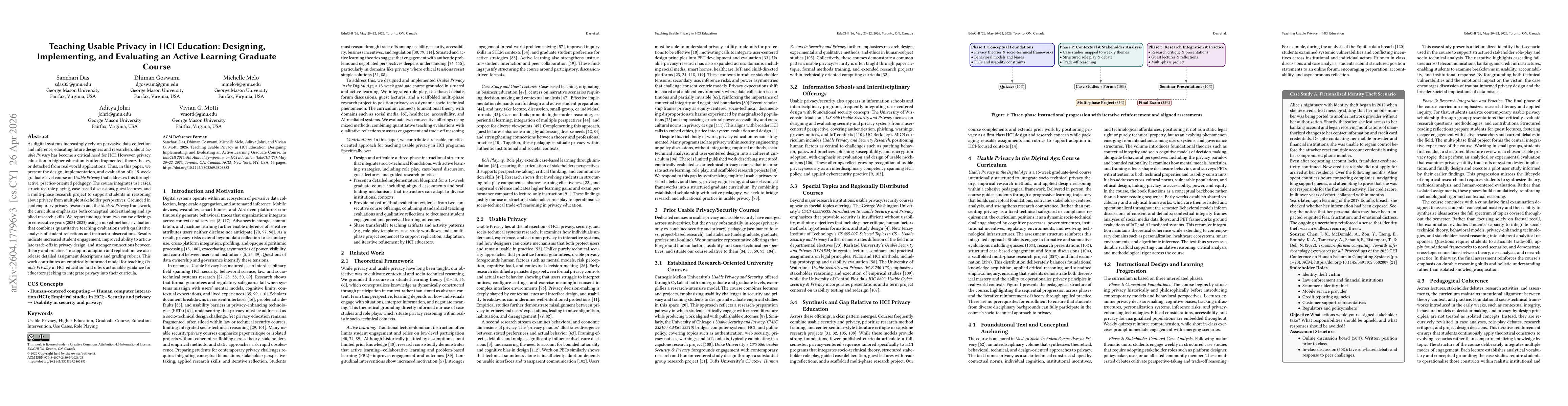 Thumbnail for Teaching Usable Privacy in HCI Education: Designing, Implementing, and Evaluating an Active Learning Graduate