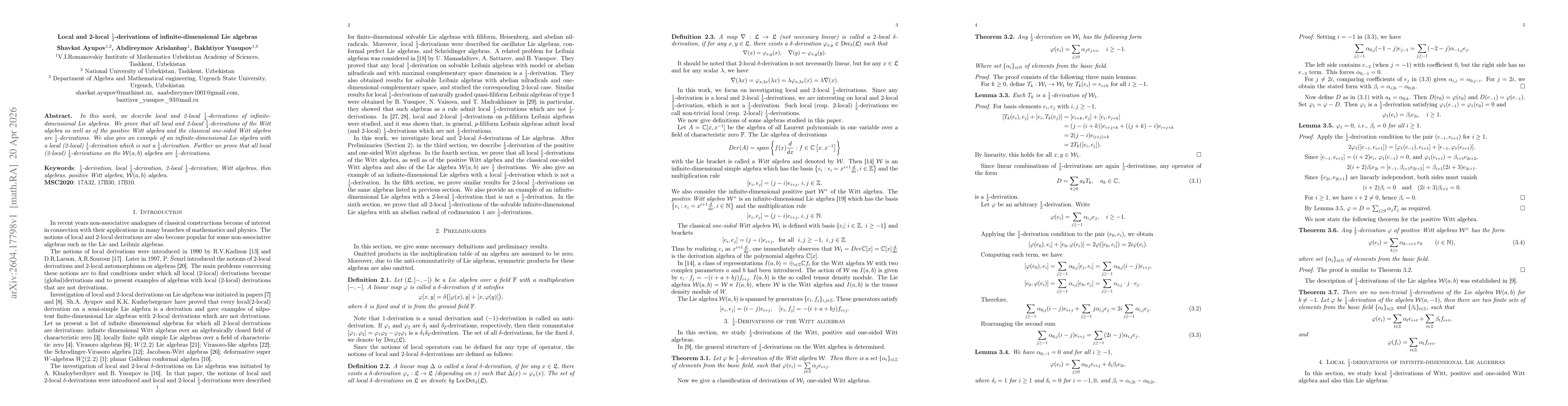Thumbnail for Local and 2-local $\frac{1}2$-derivations of infinite-dimensional Lie algebras