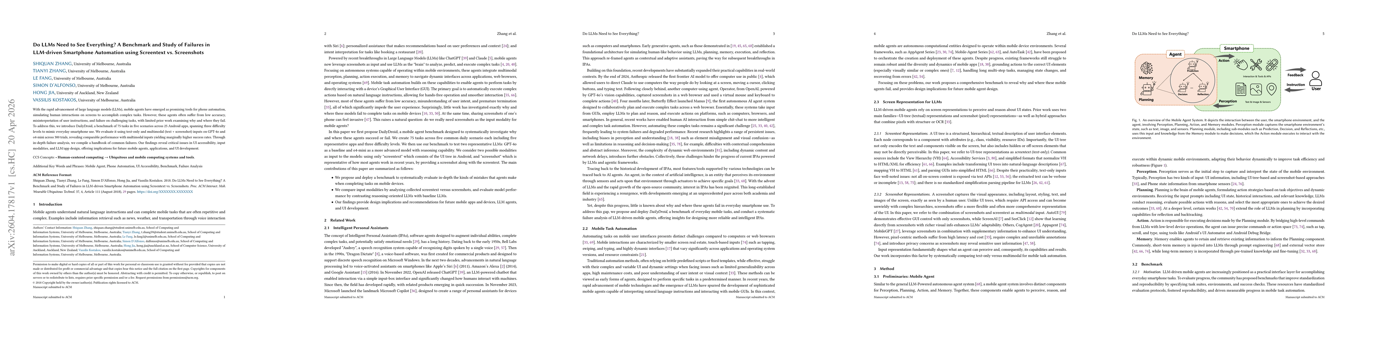 Thumbnail for Do LLMs Need to See Everything? A Benchmark and Study of Failures in LLM-driven Smartphone Automation using Screentext vs. Screenshots