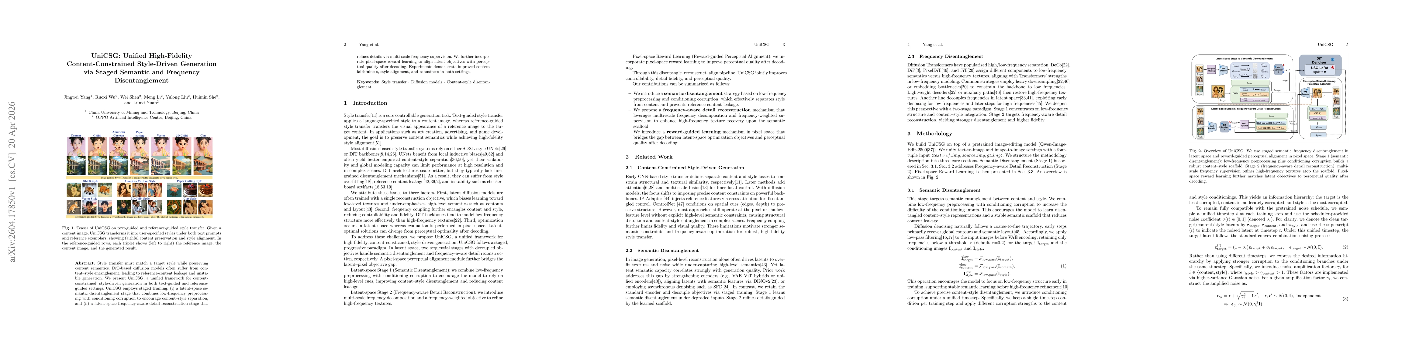 Thumbnail for UniCSG: Unified High-Fidelity Content-Constrained Style-Driven Generation via Staged Semantic and Frequency Disentanglement