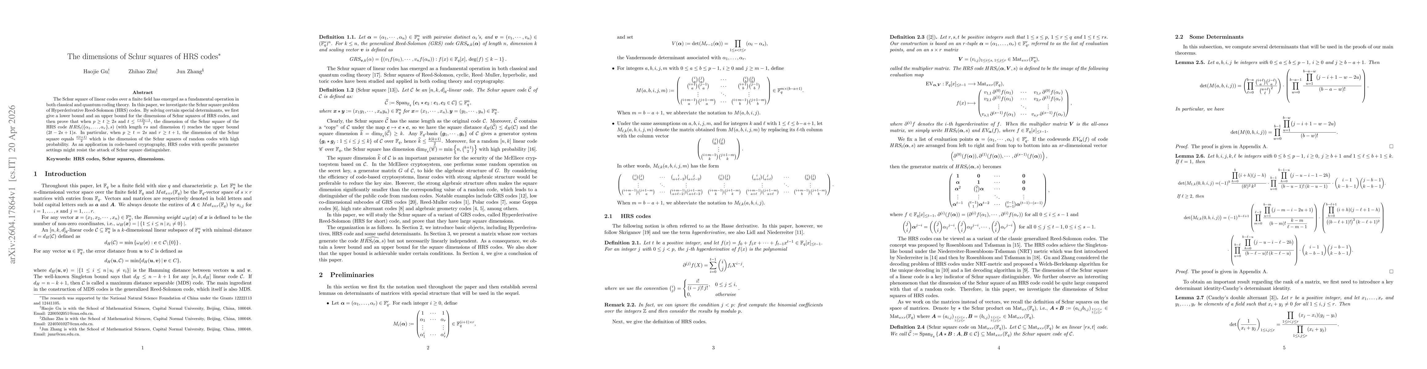 Thumbnail for The dimensions of Schur squares of HRS codes