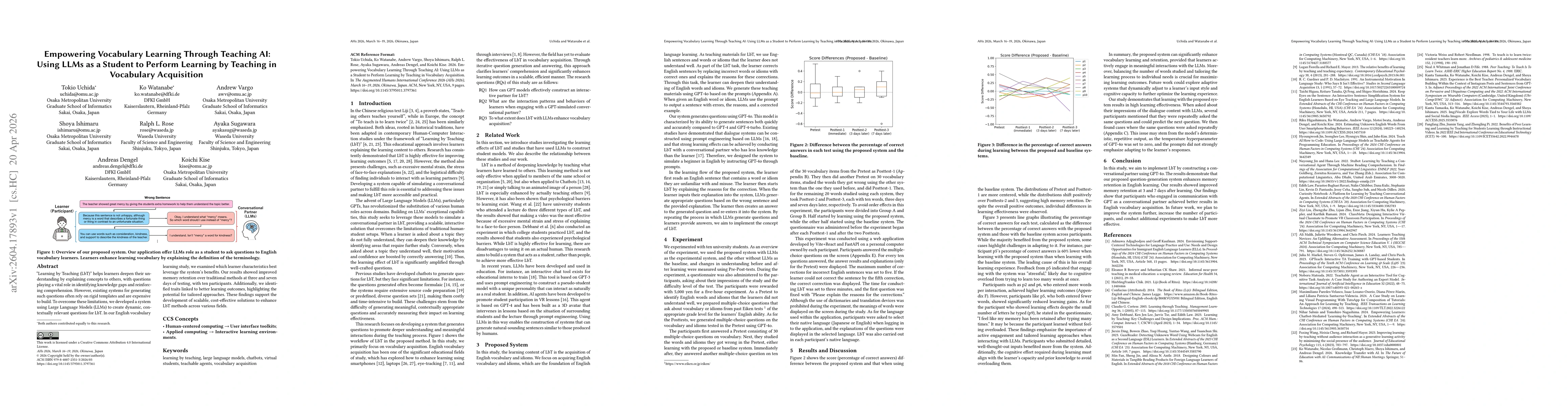 Thumbnail for Empowering Vocabulary Learning Through Teaching AI: Using LLMs as a Student to Perform Learning by Teaching in Vocabulary Acquisition