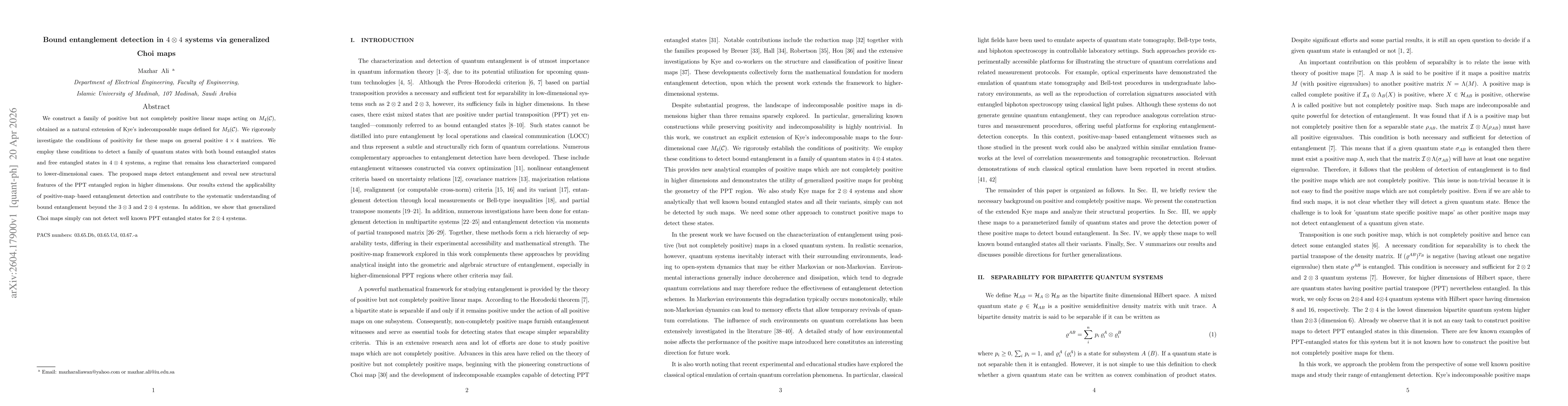 Thumbnail for Bound entanglement detection in $4 \otimes 4$ systems via generalized Choi maps