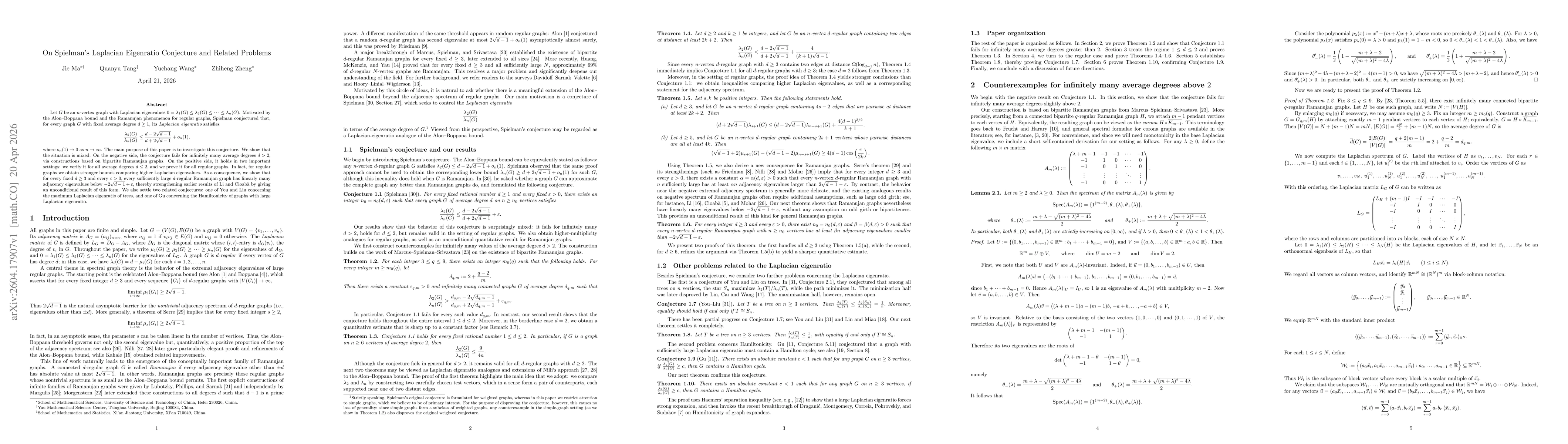 Thumbnail for On Spielman's Laplacian Eigenratio Conjecture and Related Problems
