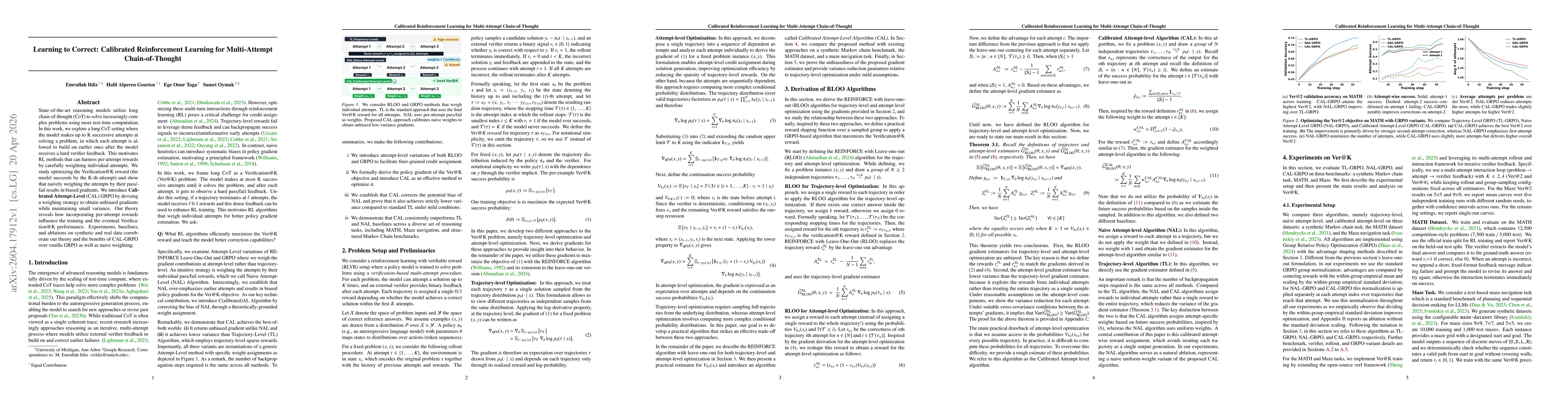 Thumbnail for Learning to Correct: Calibrated Reinforcement Learning for Multi-Attempt Chain-of-Thought