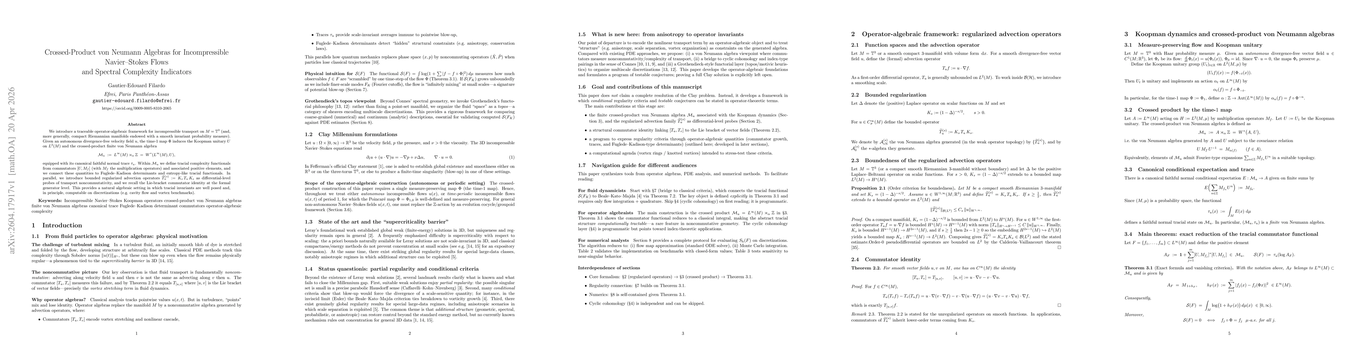 Thumbnail for Crossed-Product von Neumann Algebras for Incompressible Navier--Stokes Flows and Spectral Complexity Indicators