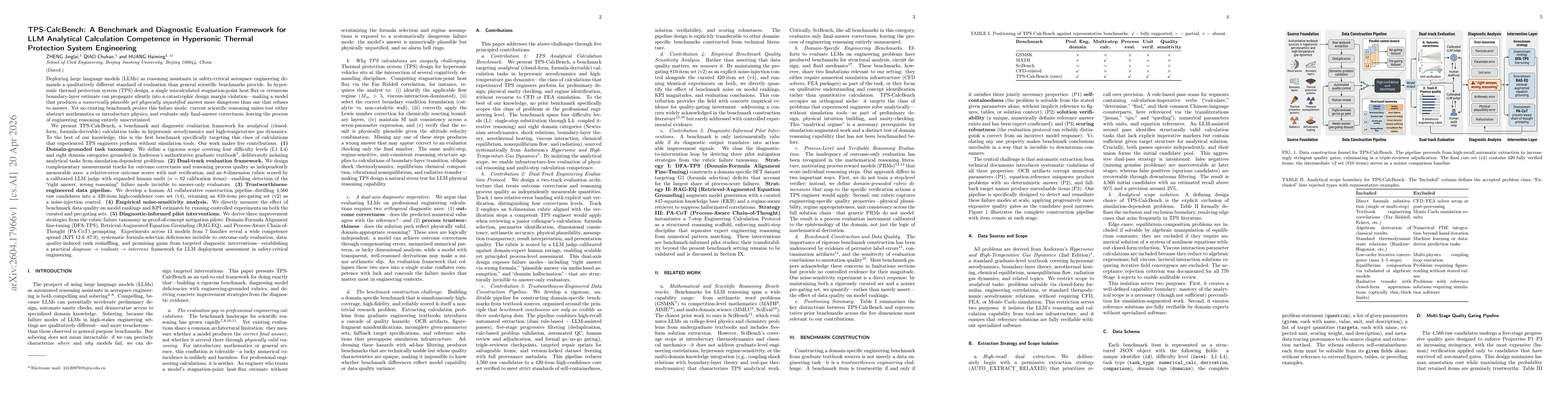 Thumbnail for TPS-CalcBench: A Benchmark and Diagnostic Evaluation Framework for LLM Analytical Calculation Competence in Hypersonic Thermal Protection System Engineering