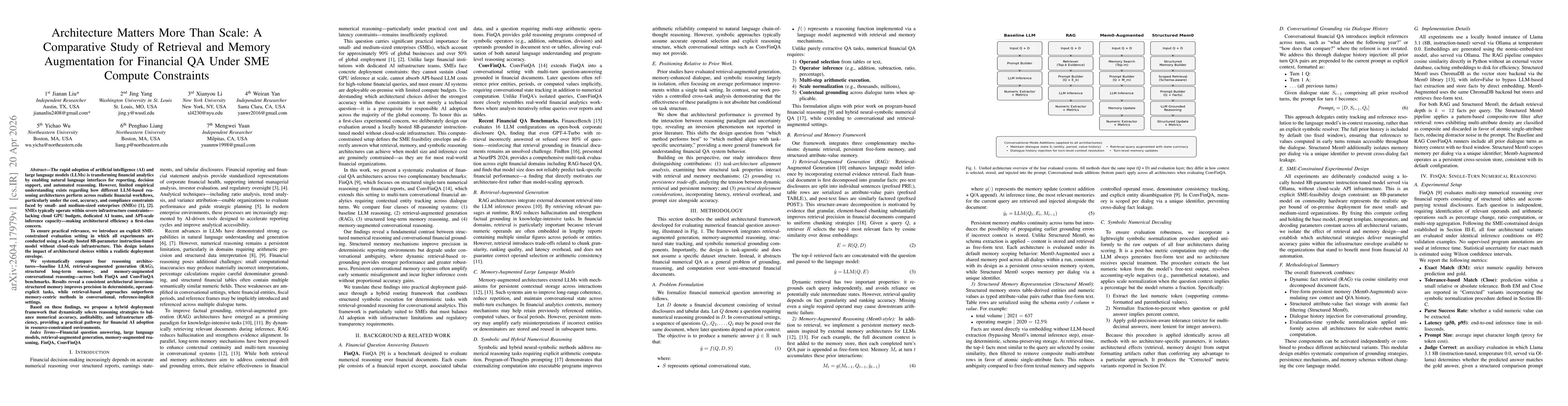Thumbnail for Architecture Matters More Than Scale: A Comparative Study of Retrieval and Memory Augmentation for Financial QA Under SME Compute Constraints