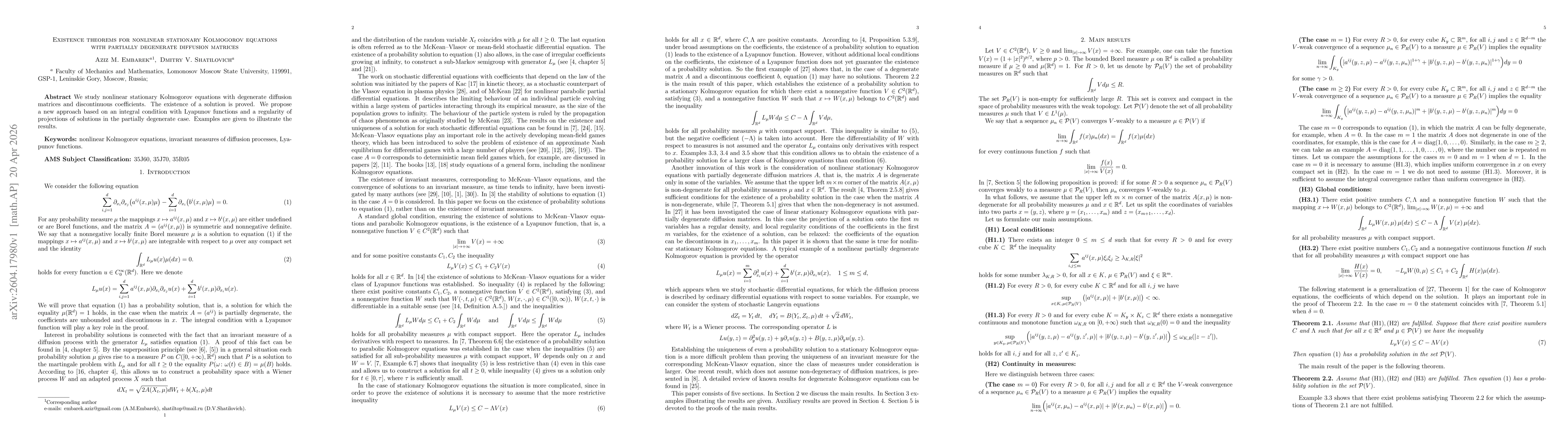 Thumbnail for Existence theorems for nonlinear stationary Kolmogorov equations with partially degenerate diffusion matrices