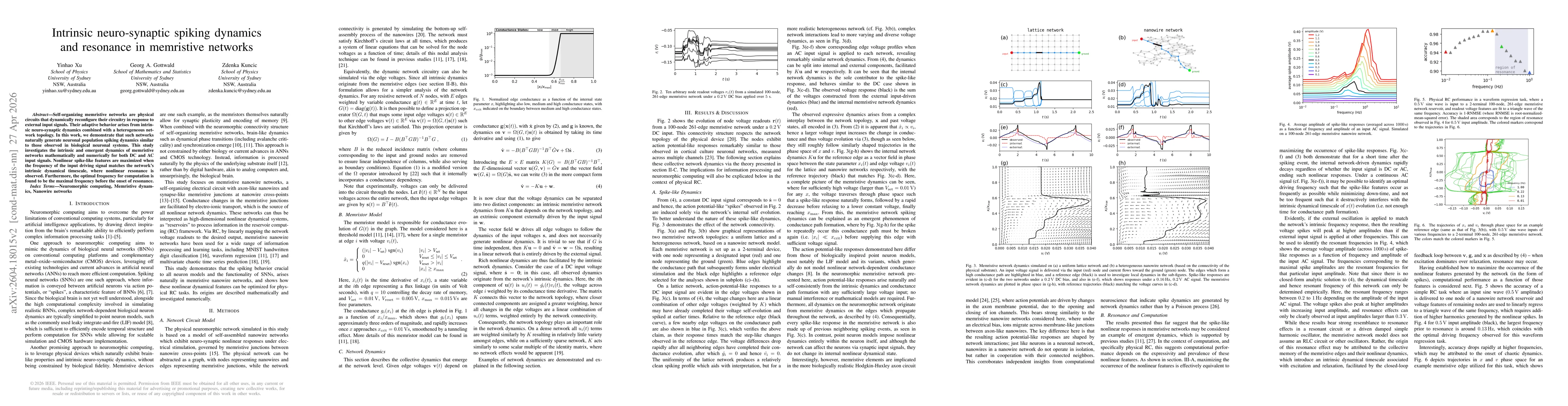 Thumbnail for Intrinsic Neuro-Synaptic Spiking Dynamics and Resonance in Memristive Networks