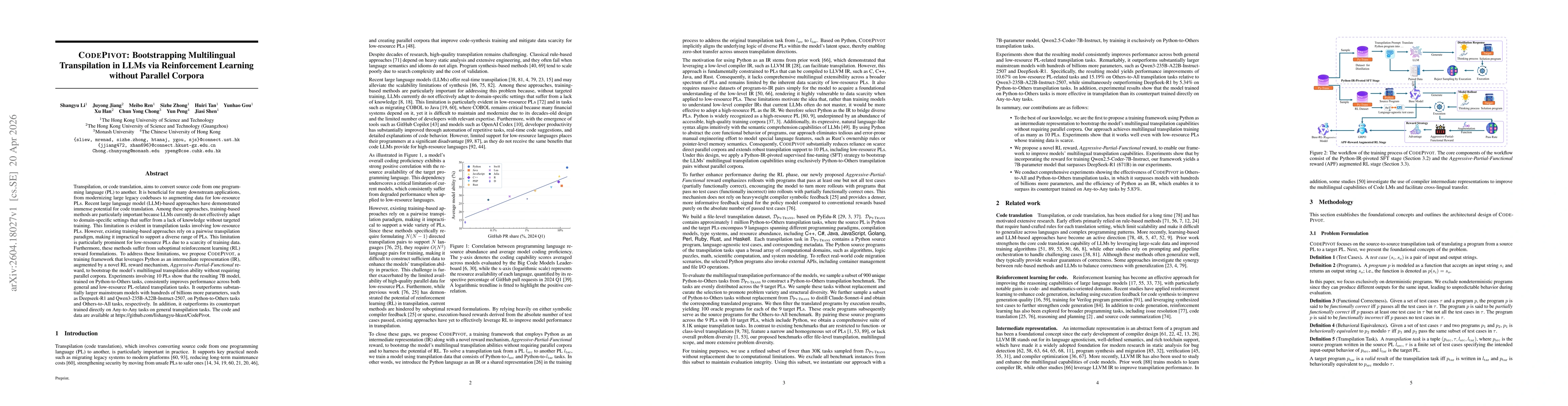 Thumbnail for CodePivot: Bootstrapping Multilingual Transpilation in LLMs via Reinforcement Learning without Parallel Corpora