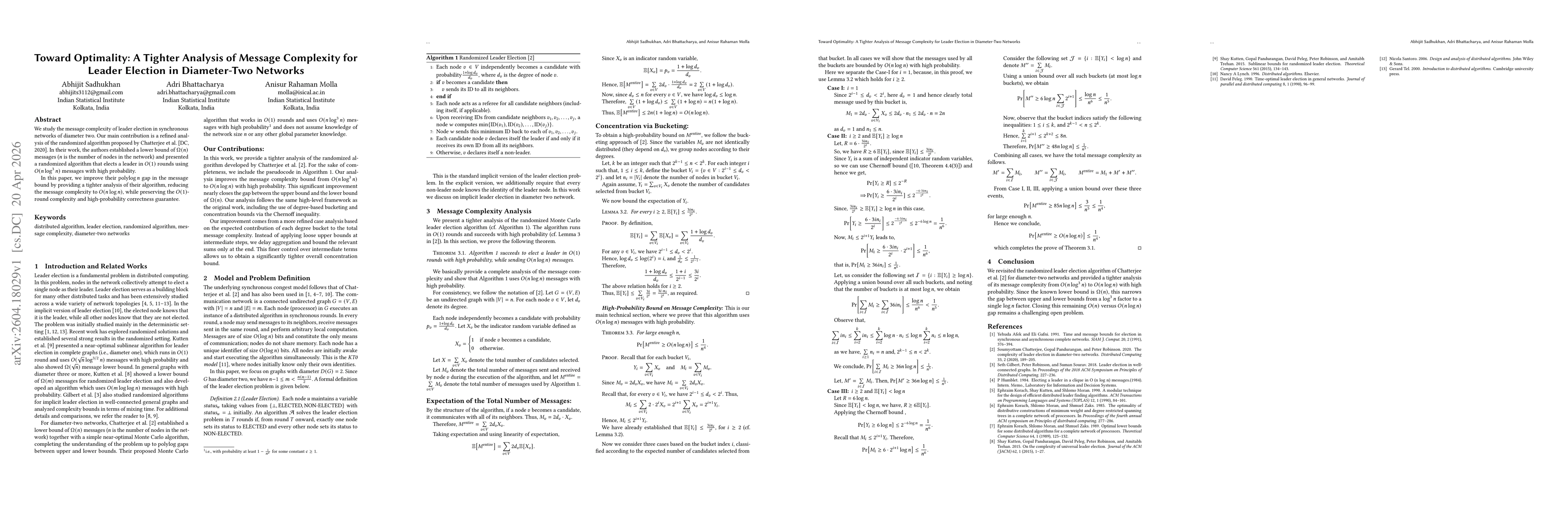 Thumbnail for Toward Optimality: A Tighter Analysis of Message Complexity for Leader Election in Diameter-Two Networks