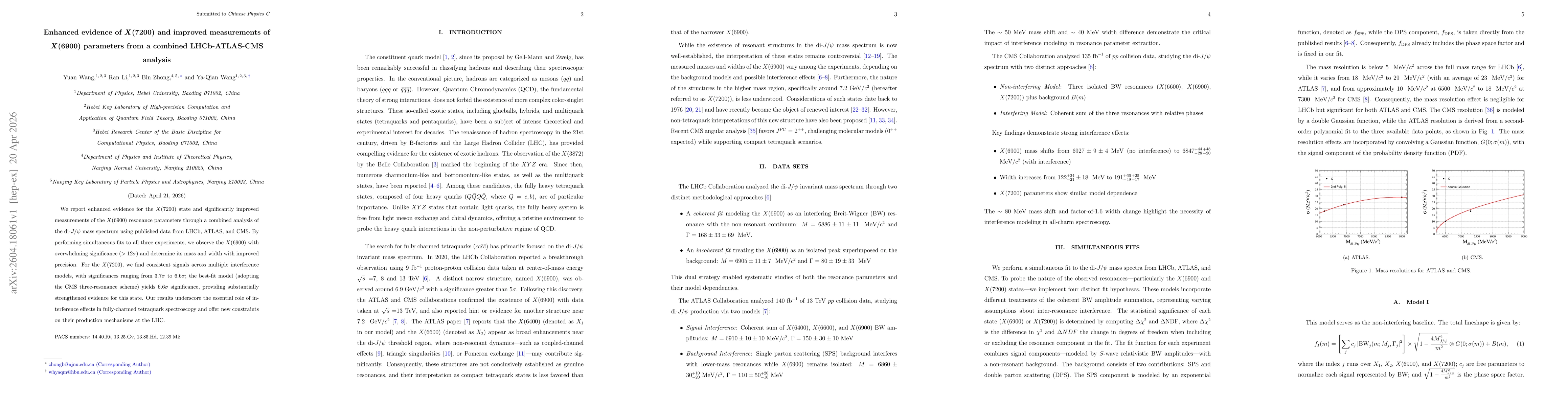 Thumbnail for Enhanced evidence of $X(7200)$ and improved measurements of $X(6900)$ parameters from a combined LHCb-ATLAS-CMS analysis