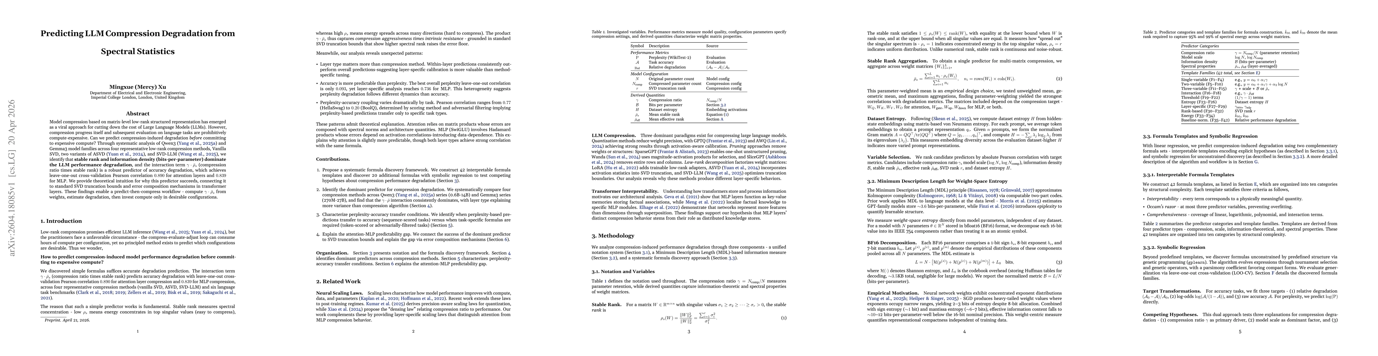 Thumbnail for Predicting LLM Compression Degradation from Spectral Statistics