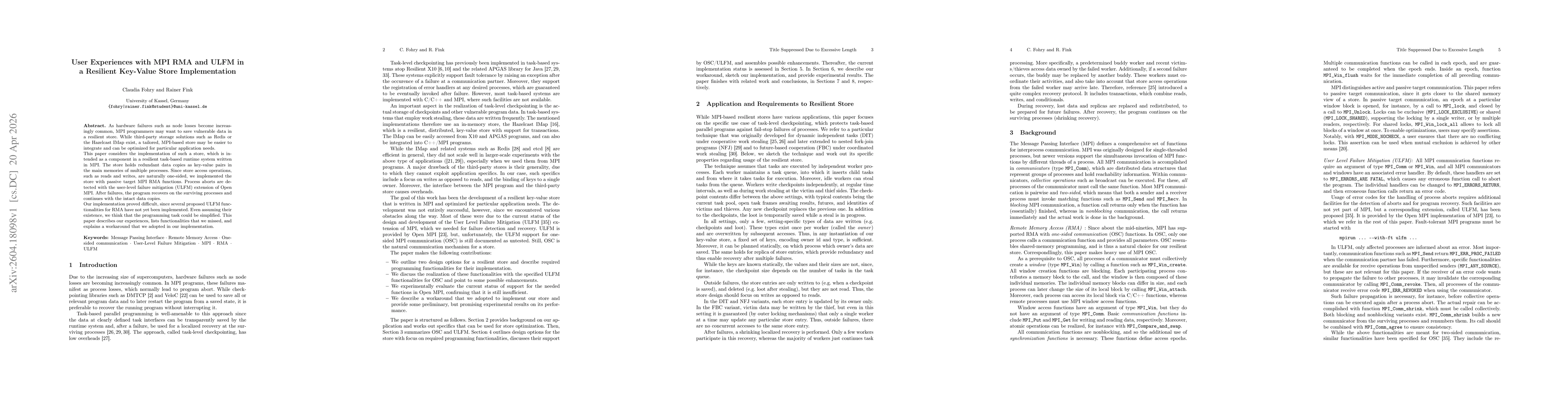 Thumbnail for User Experiences with MPI RMA and ULFM in a Resilient Key-Value Store Implementation