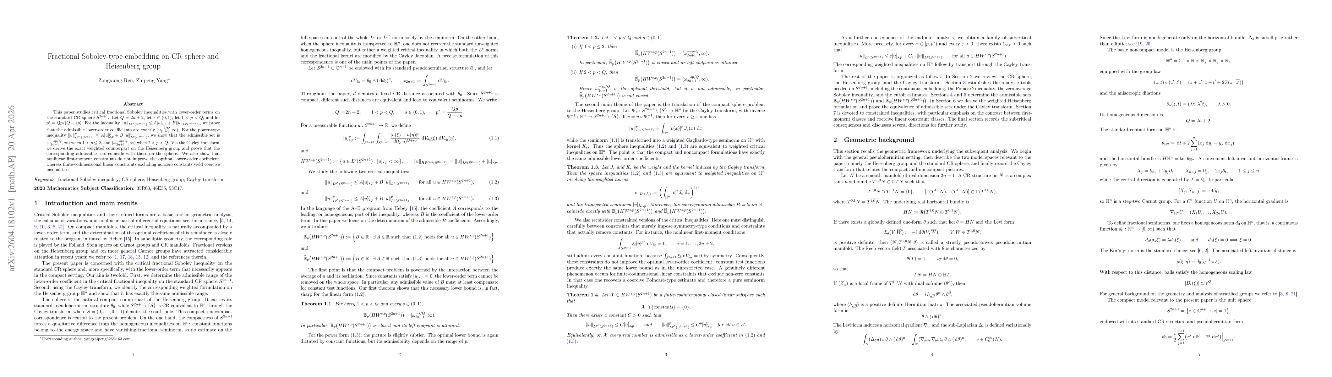 Thumbnail for Fractional Sobolev-type embedding on CR sphere and Heisenberg group