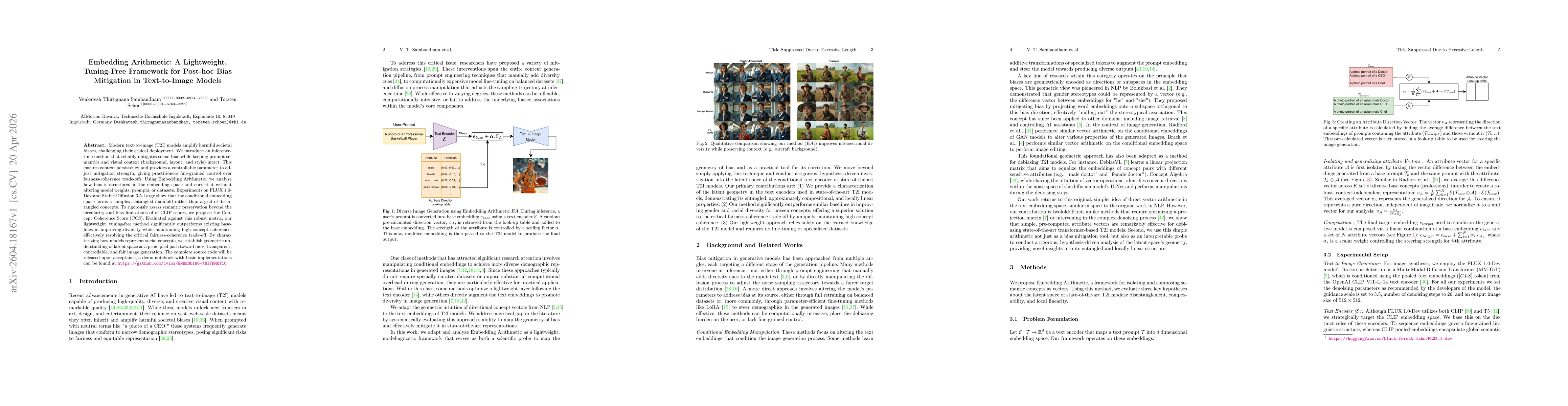 Thumbnail for Embedding Arithmetic: A Lightweight, Tuning-Free Framework for Post-hoc Bias Mitigation in Text-to-Image Models