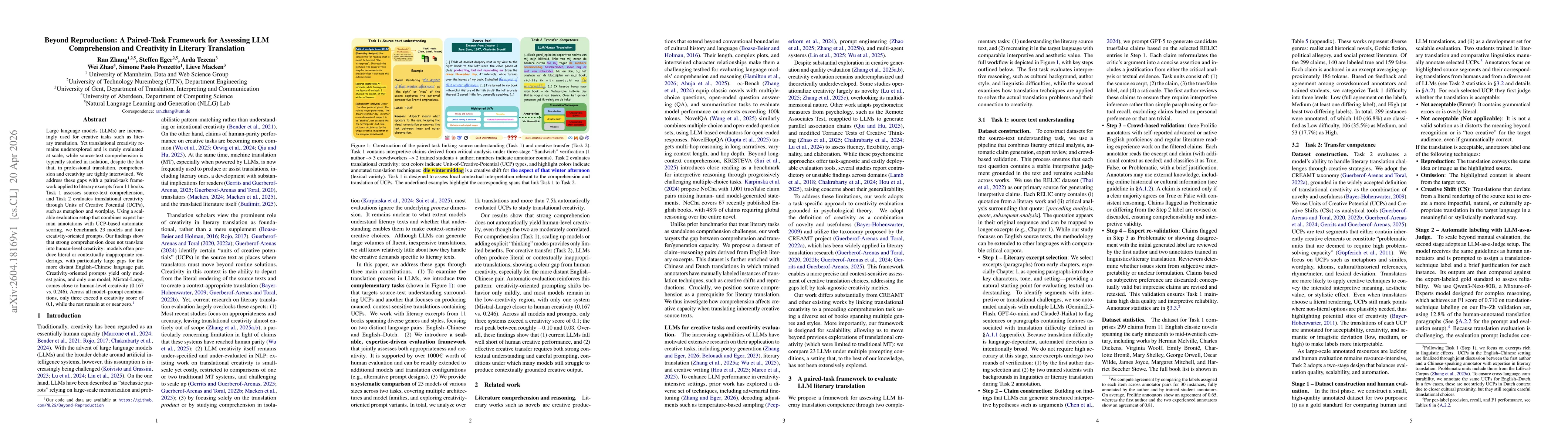 Thumbnail for Beyond Reproduction: A Paired-Task Framework for Assessing LLM Comprehension and Creativity in Literary Translation