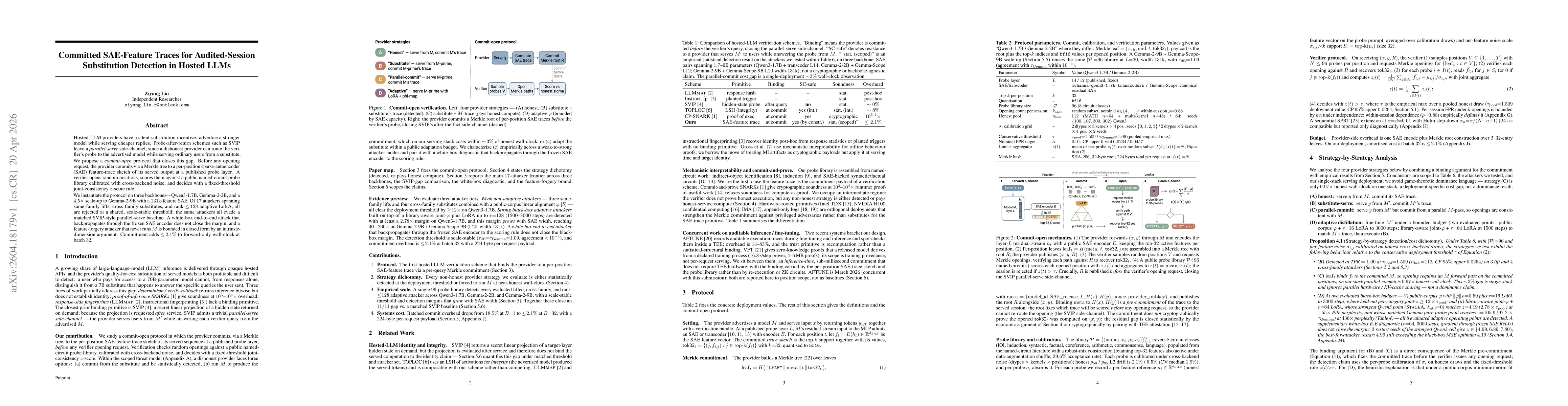 Thumbnail for Committed SAE-Feature Traces for Audited-Session Substitution Detection in Hosted LLMs