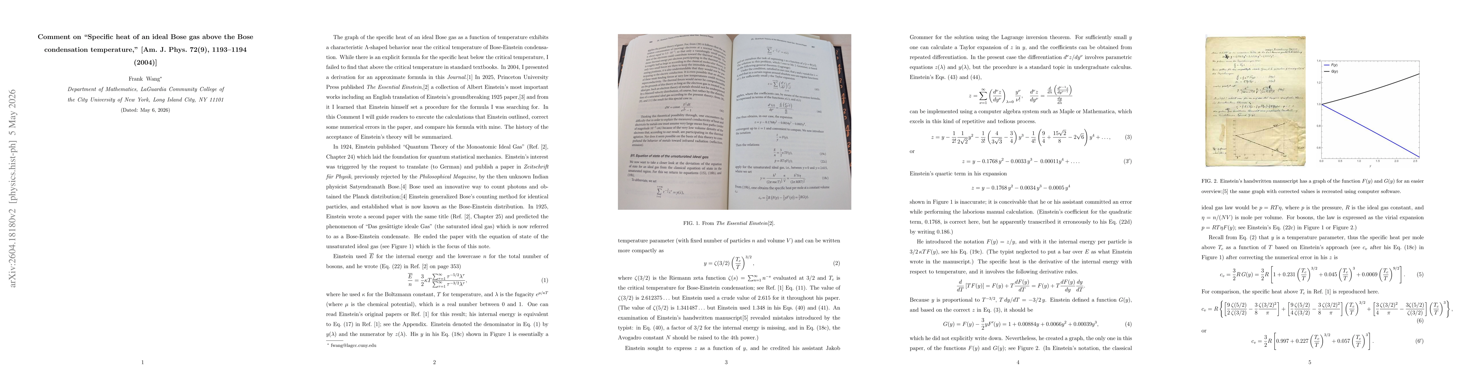 Thumbnail for Comment on "Specific heat of an ideal Bose gas above the Bose condensation temperature," [Am. J. Phys. 72(9), 1193--1194 (2004)]