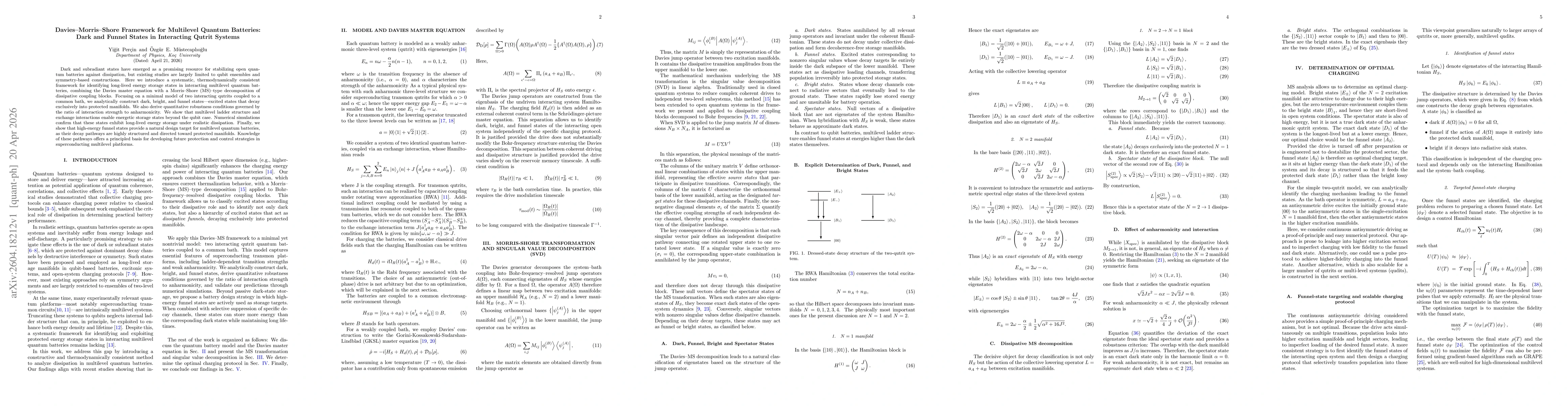 Thumbnail for Davies-Morris-Shore Framework for Multilevel Quantum Batteries: Dark and Funnel States in Interacting Qutrit Systems