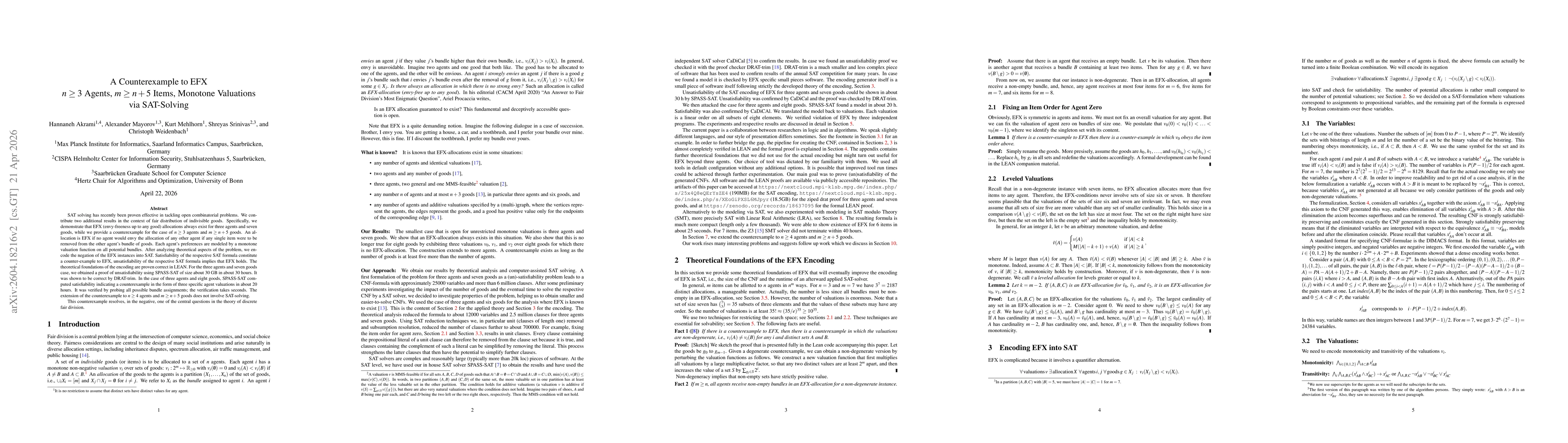 Thumbnail for A Counterexample to EFX; $n \ge 3$ Agents, $m \ge n + 5$ Items, Monotone Valuations; via SAT-Solving