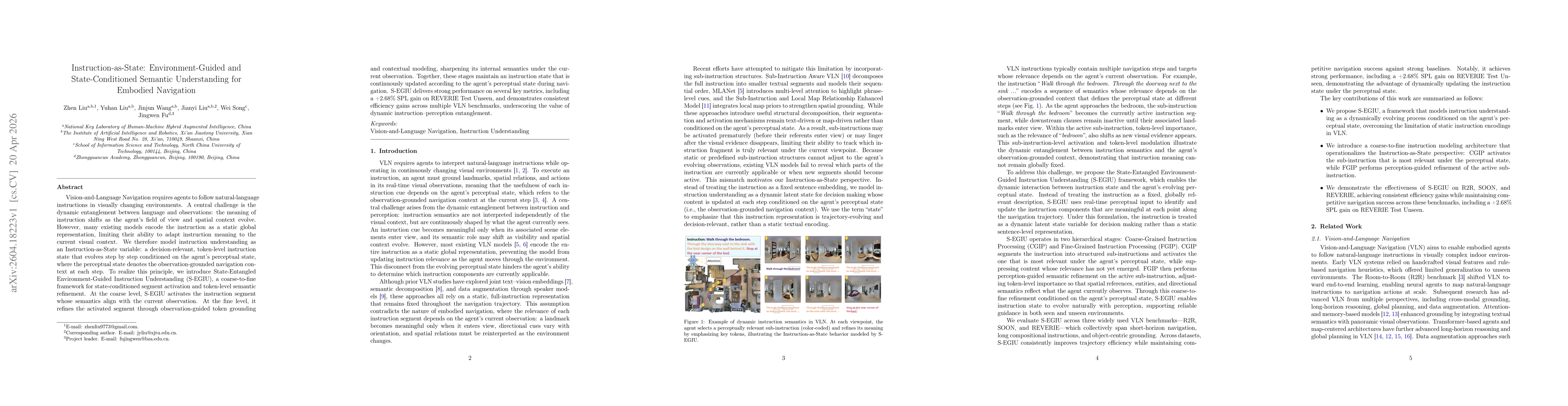 Thumbnail for Instruction-as-State: Environment-Guided and State-Conditioned Semantic Understanding for Embodied Navigation