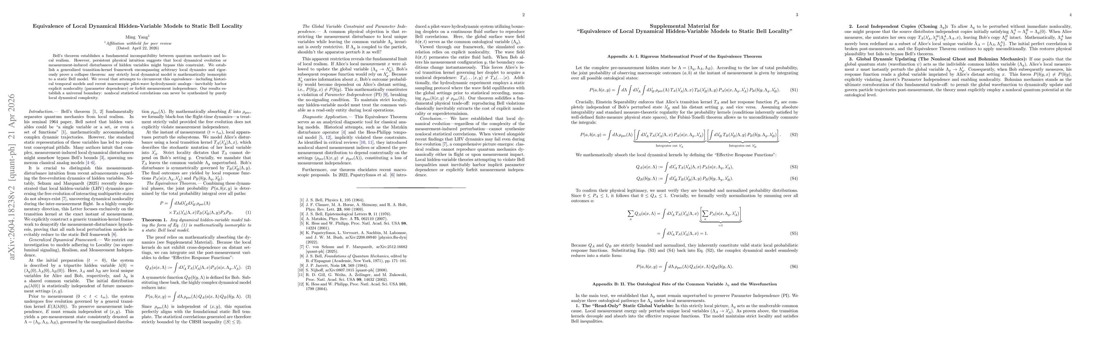 Thumbnail for Equivalence of Local Dynamical Hidden-Variable Models to Static Bell Locality