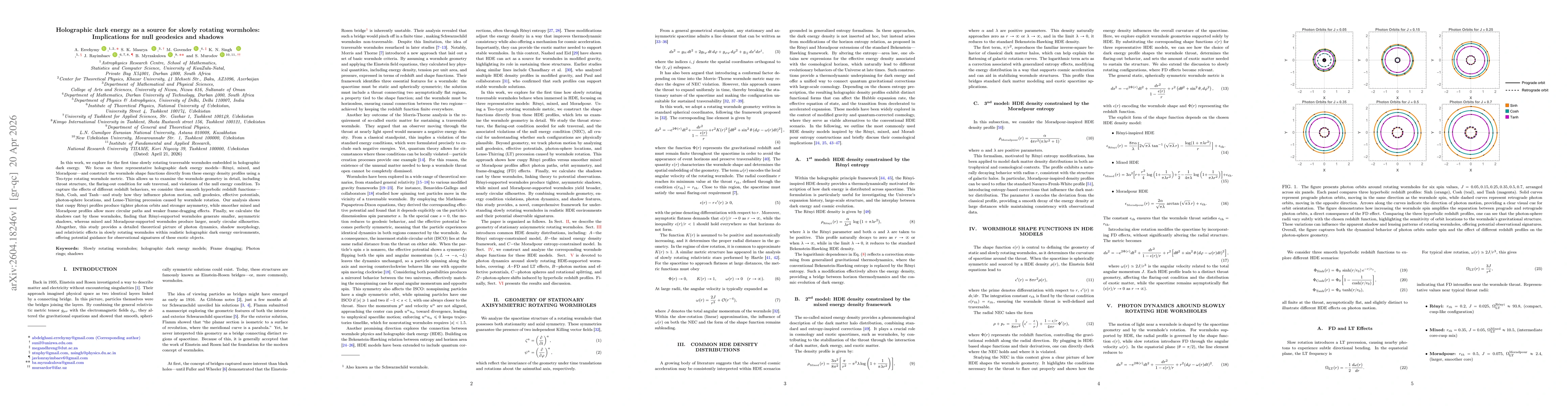 Thumbnail for Holographic dark energy as a source for slowly rotating wormholes: Implications for null geodesics and shadows