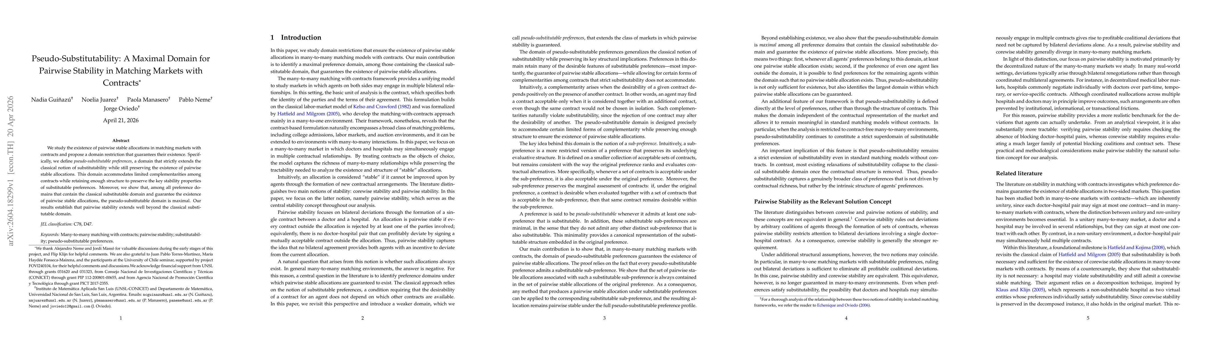 Thumbnail for Pseudo-Substitutability: A Maximal Domain for Pairwise Stability in Matching Markets with Contracts