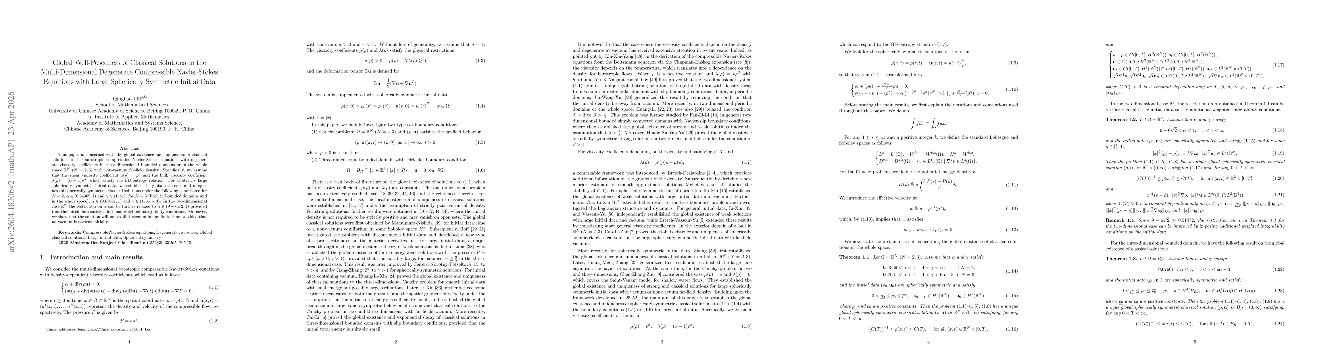 Thumbnail for Global Well-Posedness of Classical Solutions to the Multi-Dimensional Degenerate Compressible Navier-Stokes Equations with Large Spherically Symmetric Initial Data