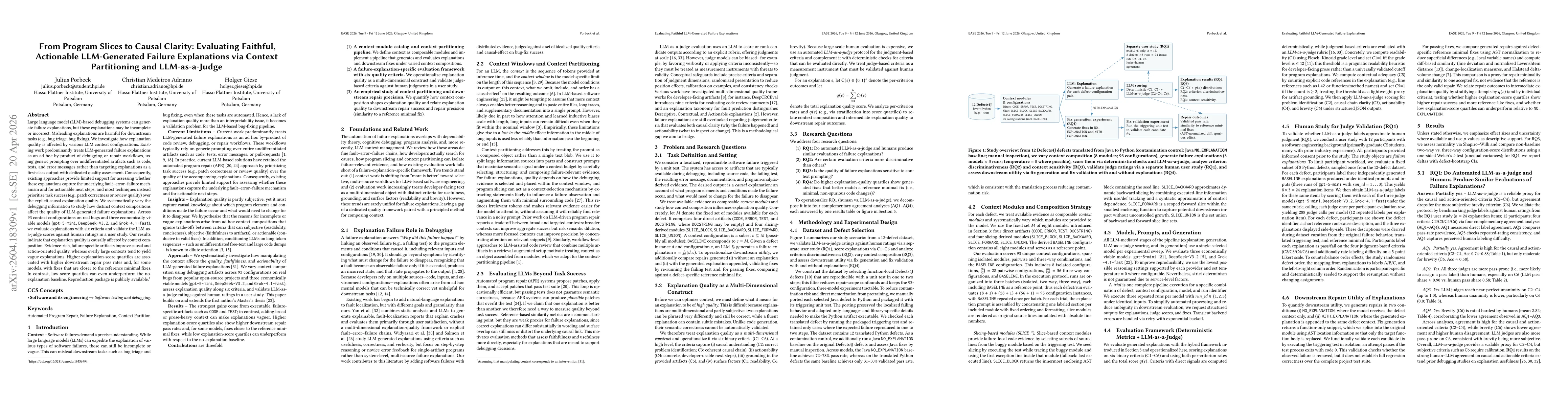 Thumbnail for From Program Slices to Causal Clarity: Evaluating Faithful, Actionable LLM-Generated Failure Explanations via Context Partitioning and LLM-as-a-Judge