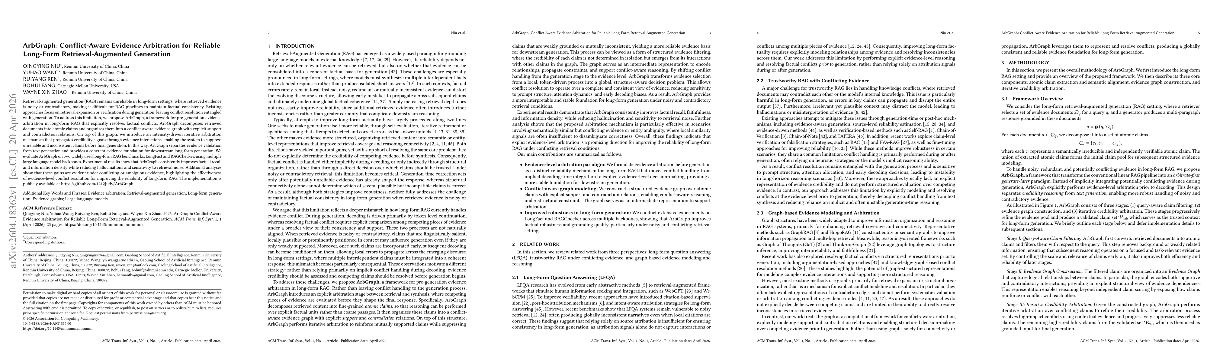 Thumbnail for ArbGraph: Conflict-Aware Evidence Arbitration for Reliable Long-Form Retrieval-Augmented Generation