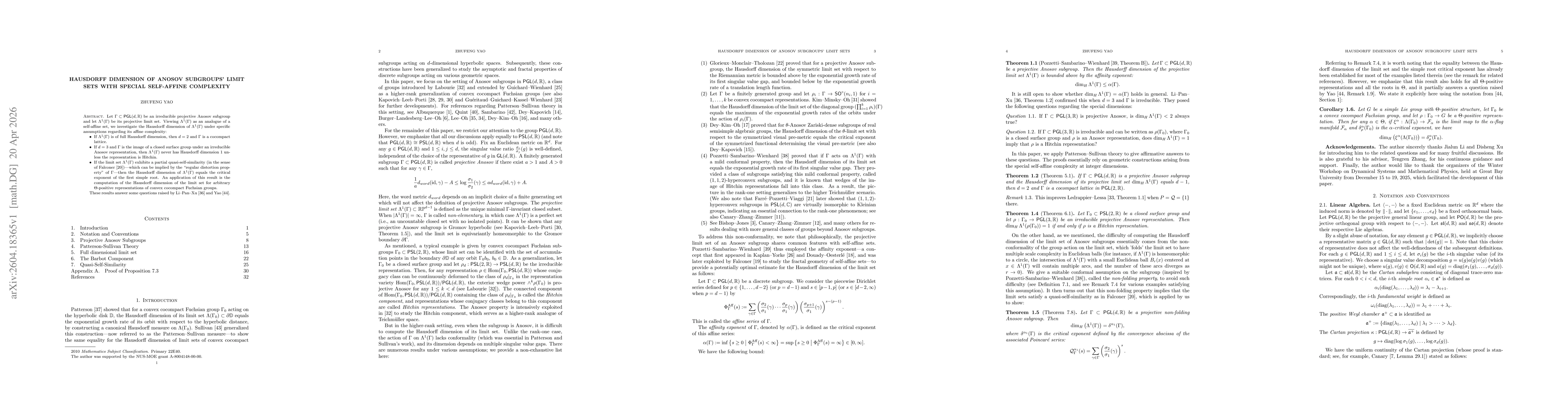 Thumbnail for Hausdorff Dimension of Anosov Subgroups' Limit Sets with Special Self-Affine Complexity