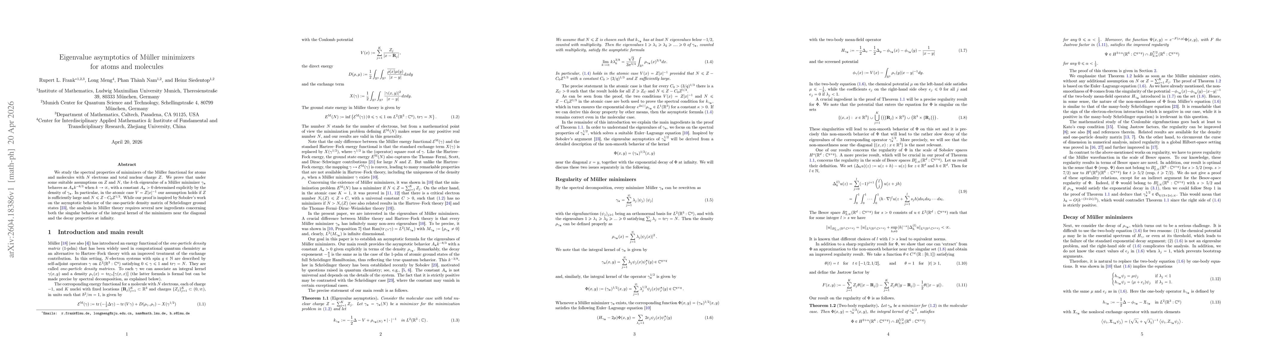 Thumbnail for Eigenvalue asymptotics of Müller minimizers for atoms and molecules
