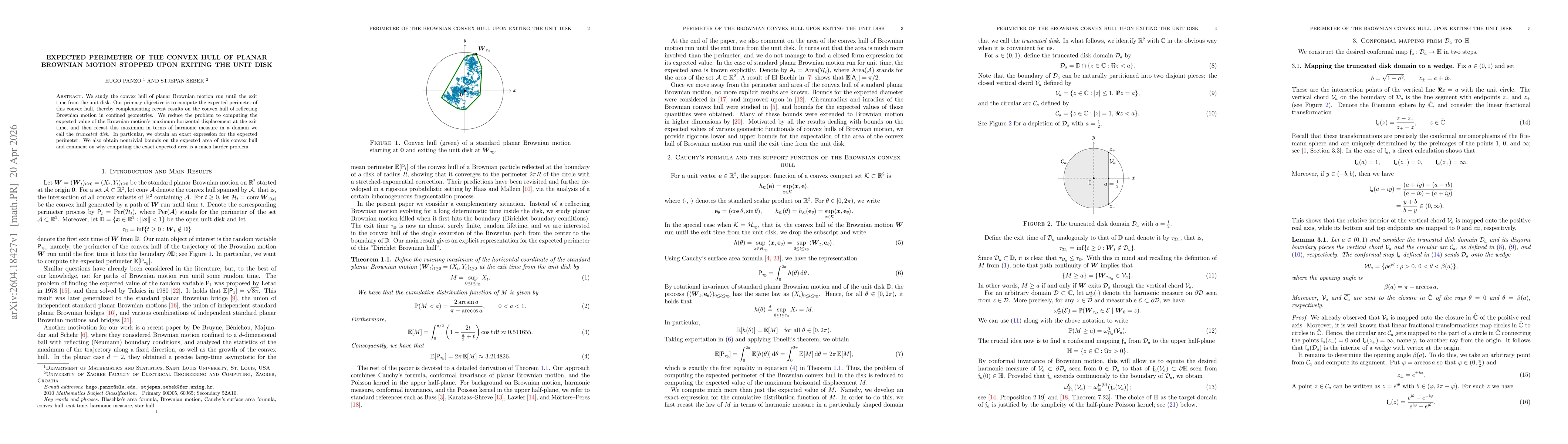 Thumbnail for Expected perimeter of the convex hull of planar Brownian motion stopped upon exiting the unit disk