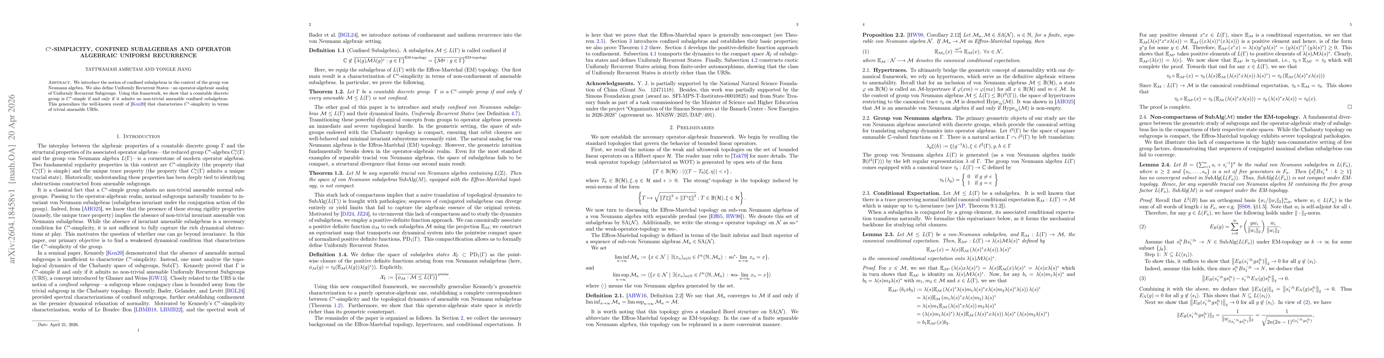 Thumbnail for $C^*$-simplicity, confined subalgebras, and operator algebraic uniform recurrence