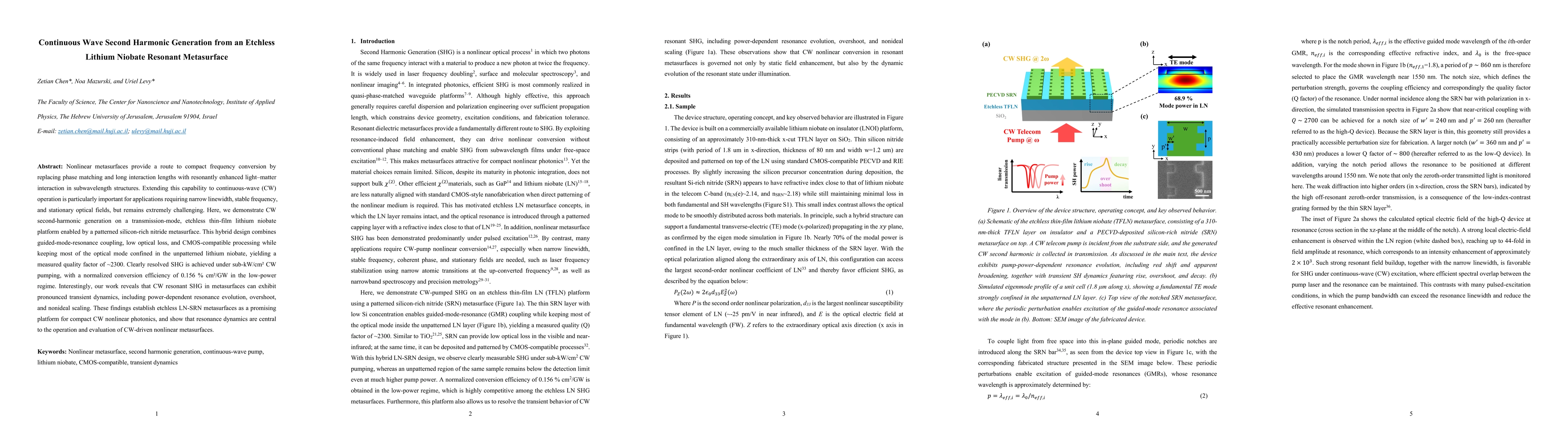 Thumbnail for Continuous Wave Second Harmonic Generation from an Etchless Lithium Niobate Resonant Metasurface