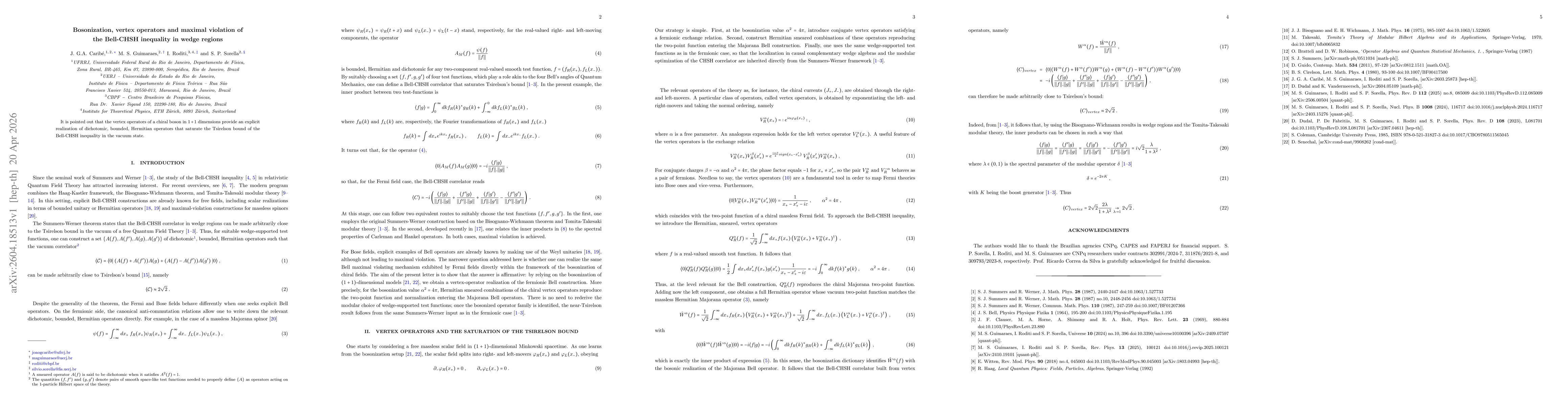 Thumbnail for Bosonization, vertex operators and maximal violation of the Bell-CHSH inequality in wedge regions