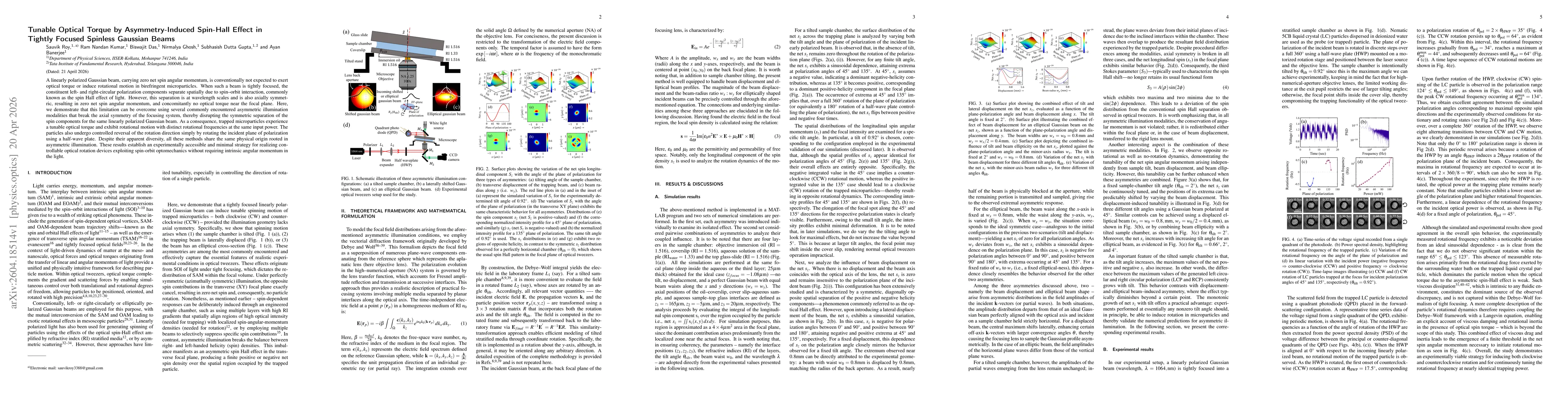 Thumbnail for Tunable Optical Torque by Asymmetry-Induced Spin-Hall Effect in Tightly Focused Spinless Gaussian Beams