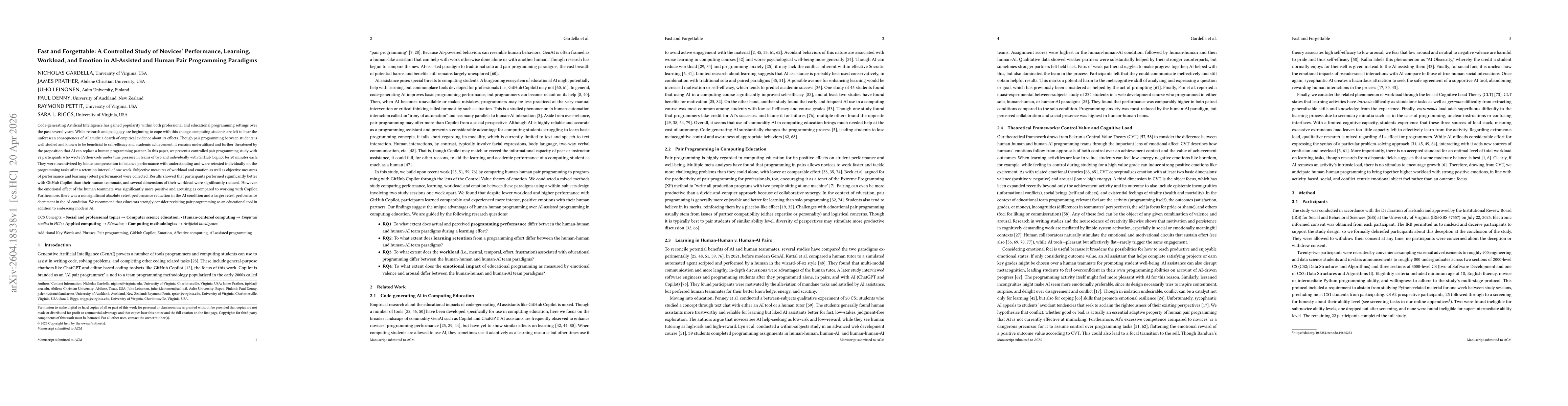 Thumbnail for Fast and Forgettable: A Controlled Study of Novices' Performance, Learning, Workload, and Emotion in AI-Assisted and Human Pair Programming Paradigms